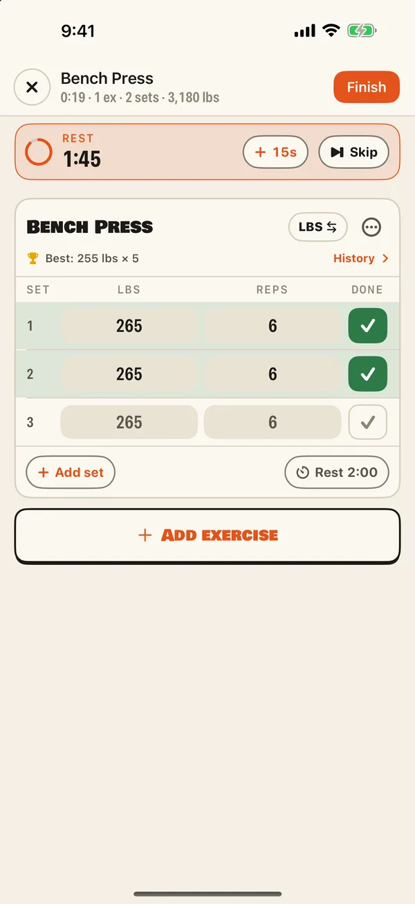 Brolic workout log screen
